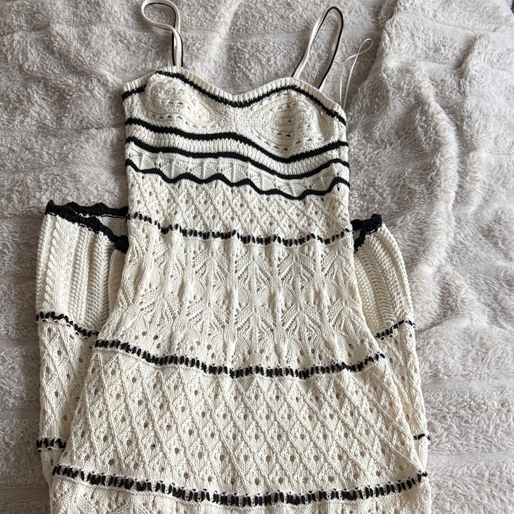 Zara Cream Knit Midi Dress with Black Trim